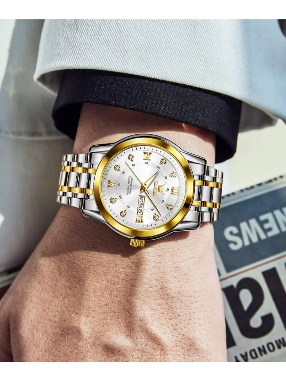 Olevs Men's Silver Gold Diamond Wrist Quartz Stainless Luminous Luxury Watch